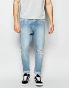 Asos Bow Leg Jeans In Light Blue With Raw Edge Waistband Detail - Light Blue