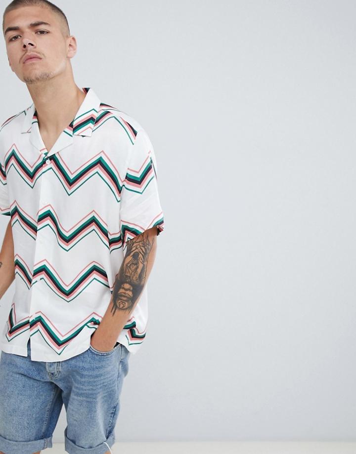 Asos Design Oversized Chevron Stripe Shirt In White With Revere Collar - White