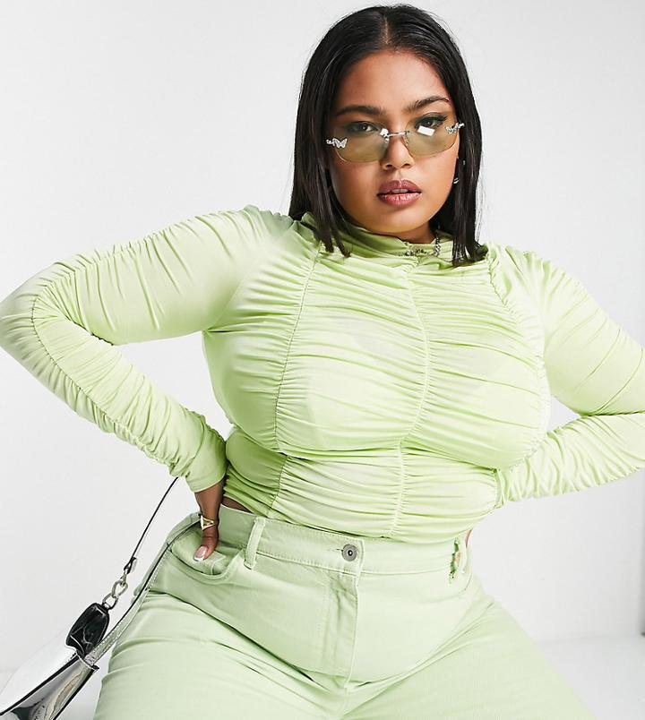 Collusion Plus Long Sleeve Gathered Top In Green