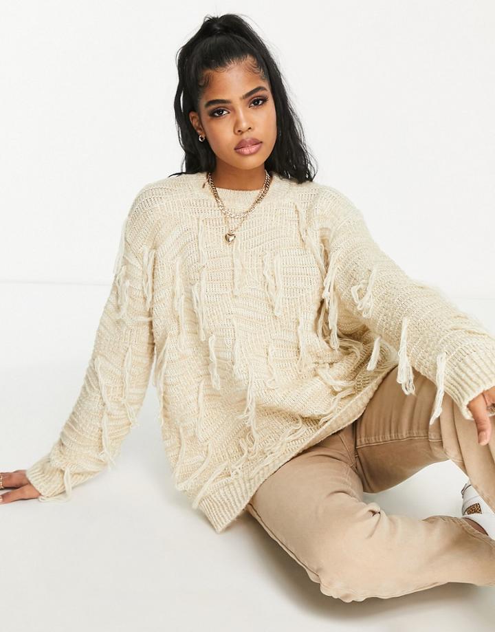 Asos Design Oversized Sweater With Tassel Detail In Cream-white