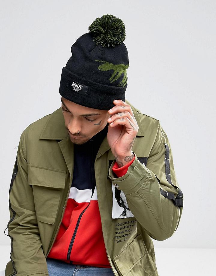 Abuze London Beanie Bobble Hat With Wasp Logo - Black