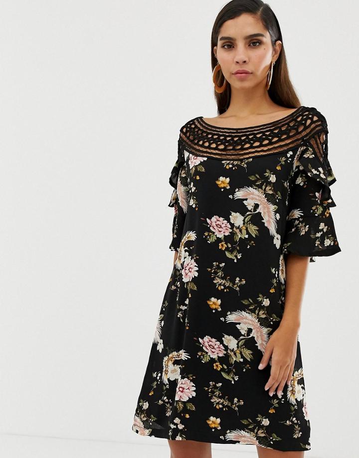 Liquorish Floral Shift Dress With Lace Cutout Detail And Fluted Sleeves-multi