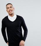 Asos Design Tall Cotton V-neck Sweater In Black