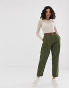 Asos Design Tapered Boyfriend Jeans With Curved Seams In Khaki Wash With Belt Detail - Green