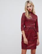 Qed London High Neck 3/4 Sleeve Tulip Dress In Leopard Print - Red