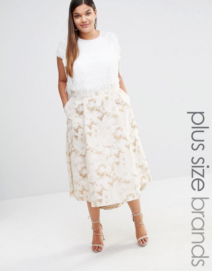 Elvi Gold Floral Jacquard Hi Lo Skirt - White