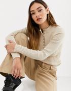 Monki Ribbed Button-down Long Sleeve Sweater In Beige