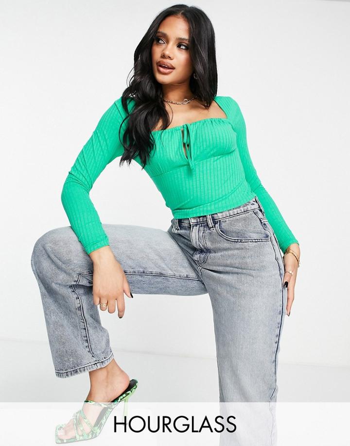 Asos Design Ribbed Square Neck Top With Tie Detail In Green