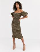 Never Fully Dressed Off Shoulder Blouson Sleeve Shirred Midi Dress In Leopard Print