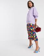 Asos Design Satin Bias Midi Skirt In Bright Floral Print-multi