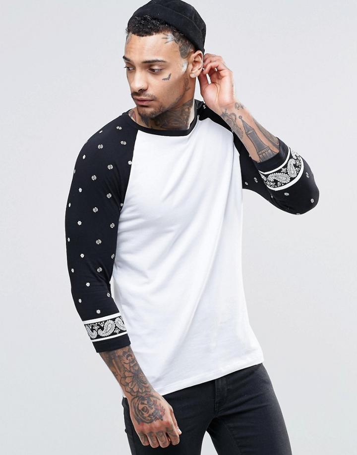 Asos Muscle Long Sleeve T-shirt With Bandana Print Contrast Raglan Sleeves - White