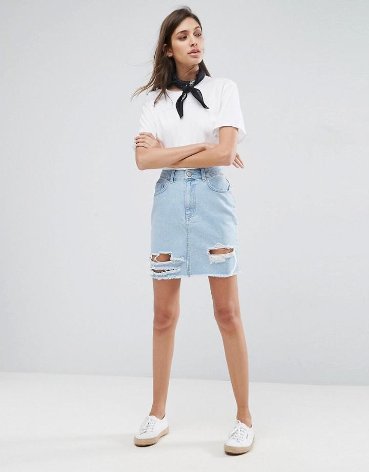 Asos Denim Original Skirt In Lightwash Blue With Rips - Blue