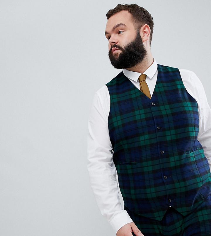 Asos Design Plus Wedding Super Skinny Suit Vest In Blackwatch Plaid Check - Green