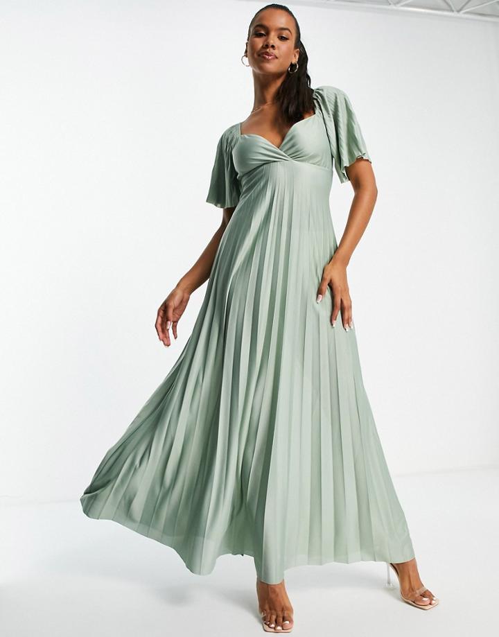 Asos Design Pleated Twist Back Cap Sleeve Maxi Dress In Green