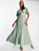 Asos Design Pleated Twist Back Cap Sleeve Maxi Dress In Green