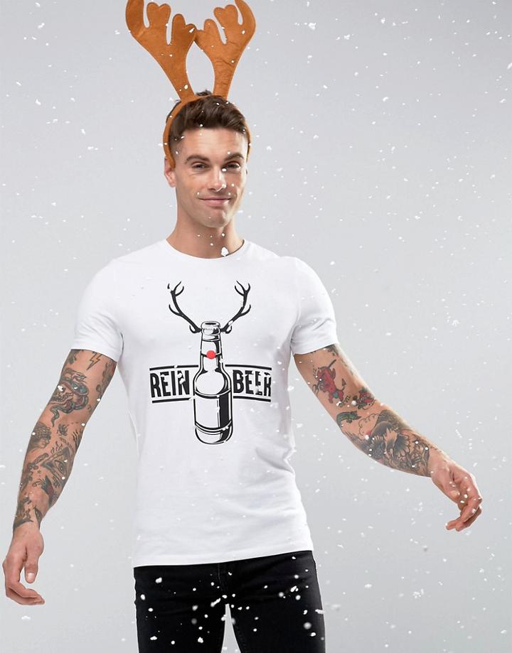Asos Holidays Muscle T-shirt With Reinbeer Print And Puff Nose - White