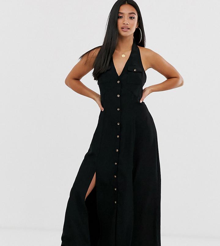 Asos Design Petite Button Through Halter Neck Maxi Dress - Black