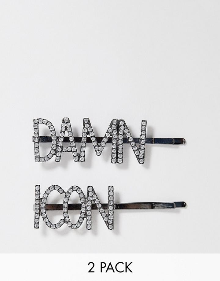 Asos Design Pack Of 2 Crystal Hair Clips In Damn And Icon Slogan - Silver