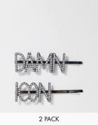 Asos Design Pack Of 2 Crystal Hair Clips In Damn And Icon Slogan - Silver