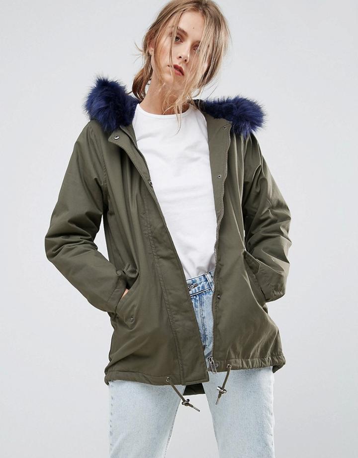 Missguided Khaki Faux Fur Lined Parka Coat - Green
