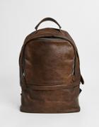 Asos Design Faux Leather Harvard Backpack In Vintage Brown