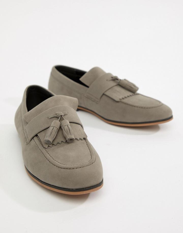 Asos Design Loafers In Gray Faux Suede With Fringe - Gray