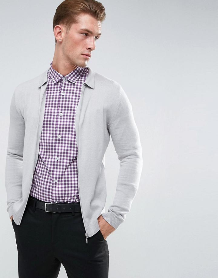Asos Knitted Muscle Fit Harrington Jacket In Pale Gray - Gray