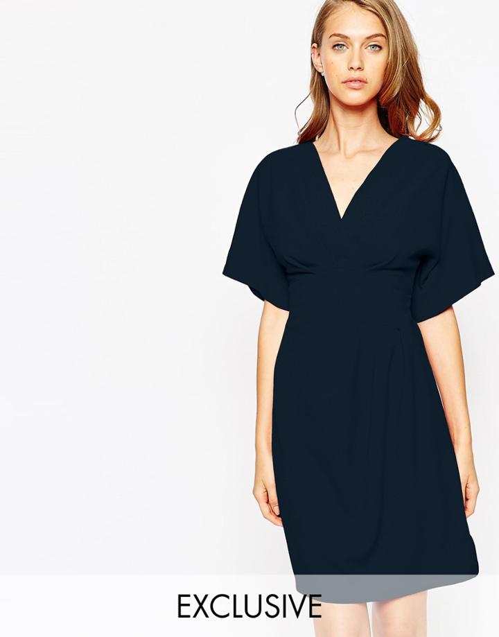 Closet Obi Wrap Belt Dress With Kimono Sleeve - Navy Solid $33.00