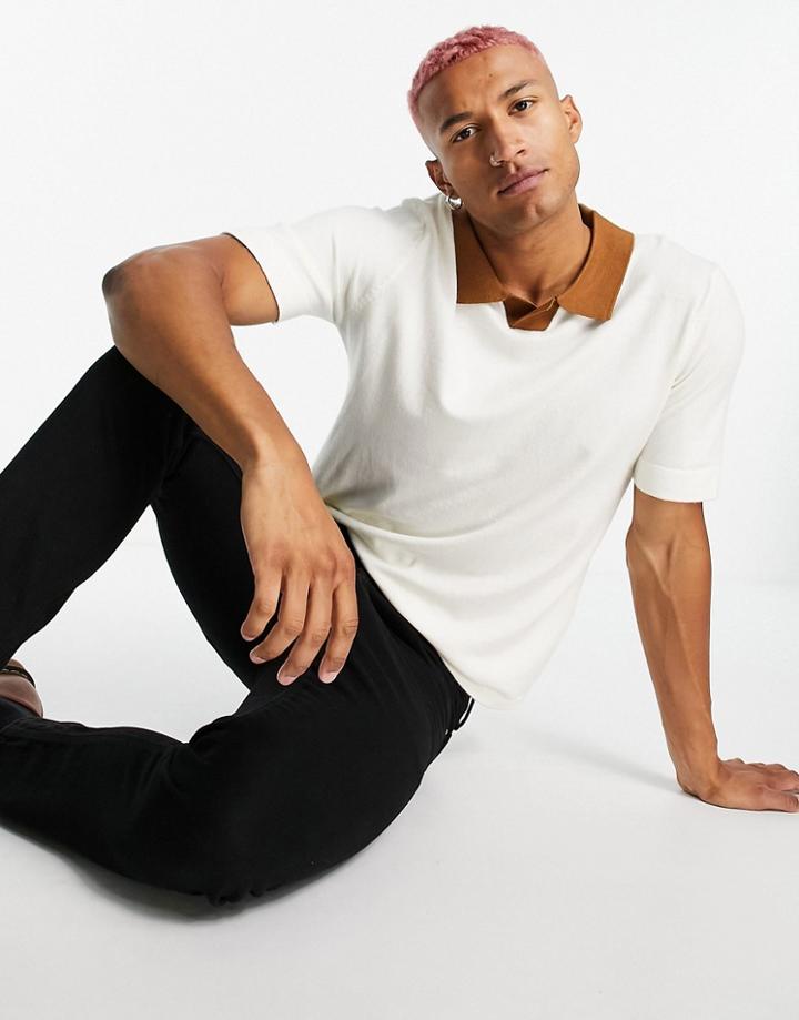 Rudie Short Sleeve Muscle Fit Knitted Sweater With Notch Neck-white