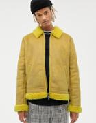 Asos Design Faux Shearling Flight Jacket In Bright Yellow - Yellow