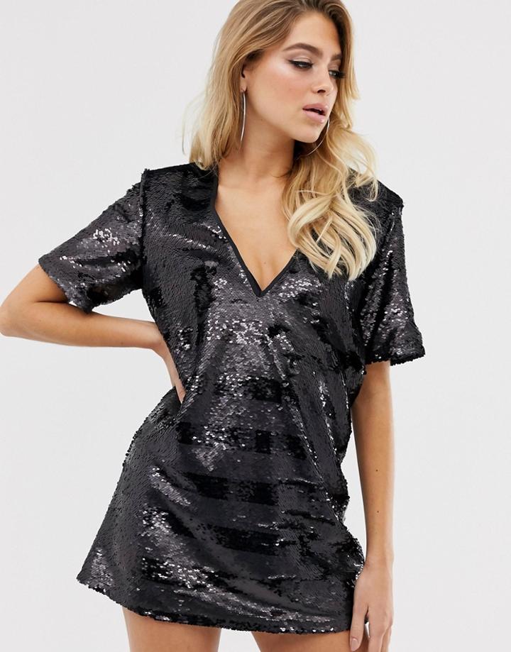 In The Style Stripe Sequin T-shirt Dress - Black