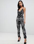 Asos Edition Starburst Jewel Jumpsuit In Velvet - Navy
