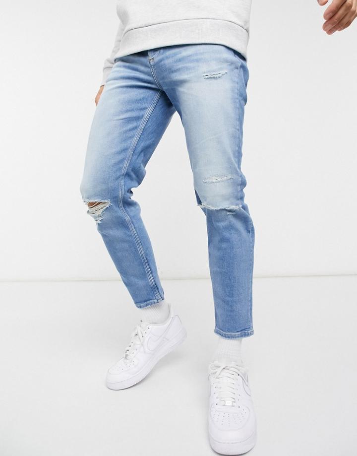 River Island Tapered Jeans With Rips In Light Blue-blues