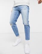River Island Tapered Jeans With Rips In Light Blue-blues