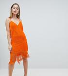 Asos Design Petite Fringe & Lace Plunge Bodycon Midi Dress - Orange