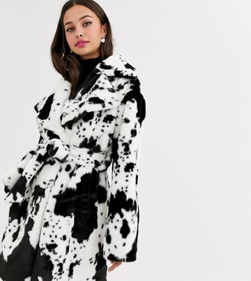 Daisy Street Belted Coat In Cow Print Faux Fur