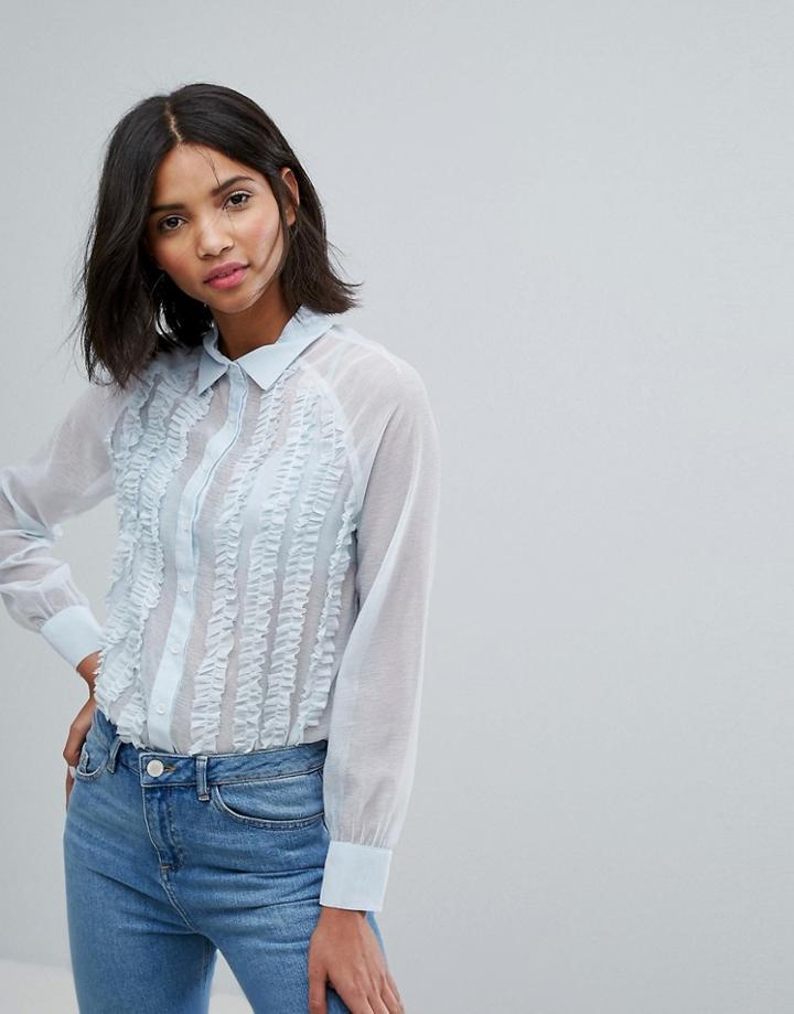 Lost Ink Chiffon Shirt With Frills - Blue