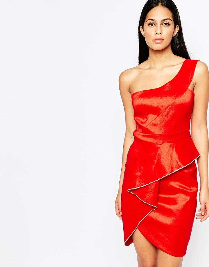City Goddess One Shoulder Dress With Peplum Frill - Red