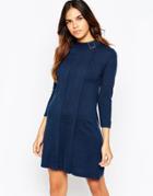 Asos Swing Dress In Knit With Buckle Neck Detail - Petrol