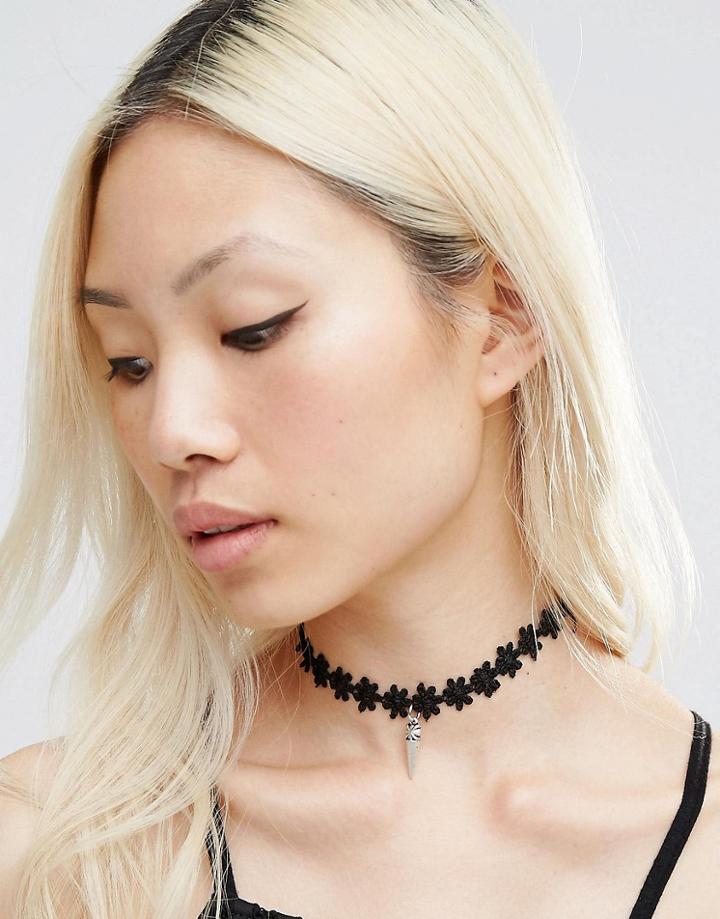 Ashiana Flower Fabric Choker Necklace With Spike Charm - Black