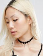 Ashiana Flower Fabric Choker Necklace With Spike Charm - Black