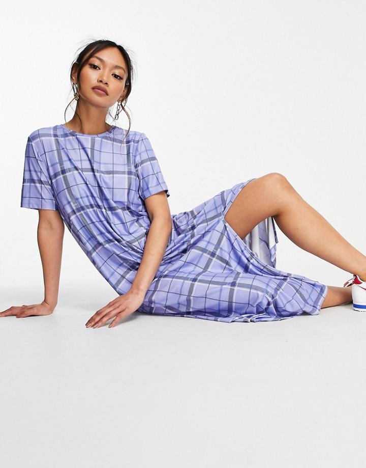Urban Threads Midi T-shirt Dress In Blue Plaid Print-blues