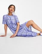 Urban Threads Midi T-shirt Dress In Blue Plaid Print-blues