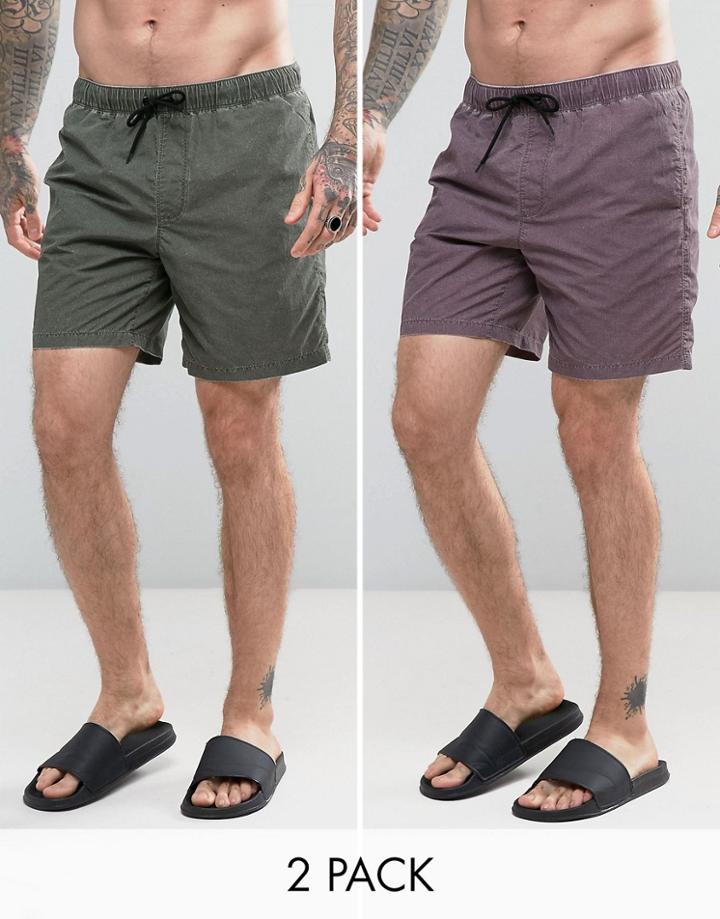 Asos Swim Shorts 2 Pack In Acid Wash Purple And Khaki In Mid Length - Multi
