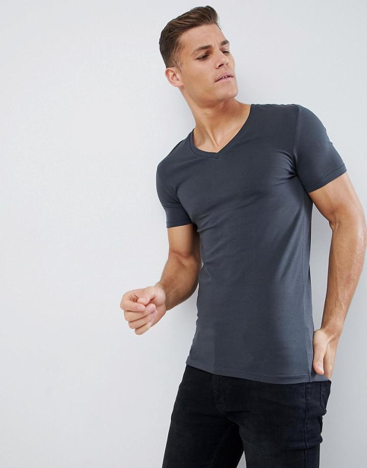 Asos Design Muscle Fit T-shirt With V Neck In Dark Blue - Blue