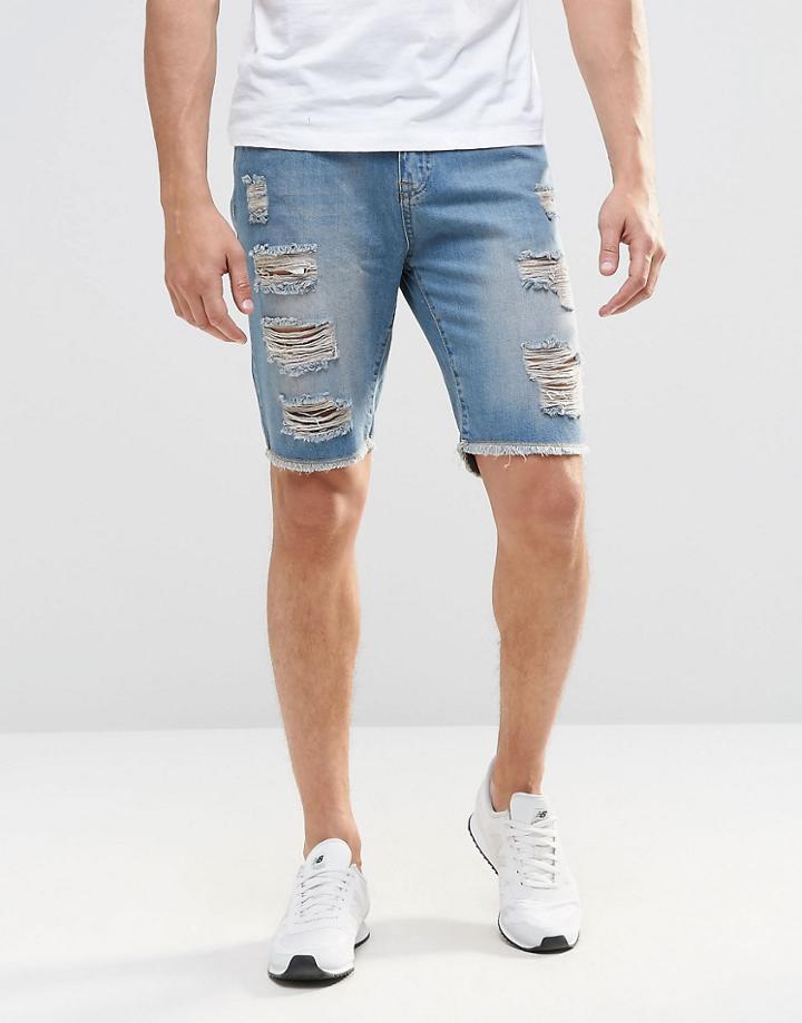 Brooklyn Supply Co Slim Denim Shorts Extreme Rips In Mid Wash - Ripped Green