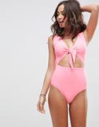 Asos Tie Front Cut Out Swimsuit - Pink