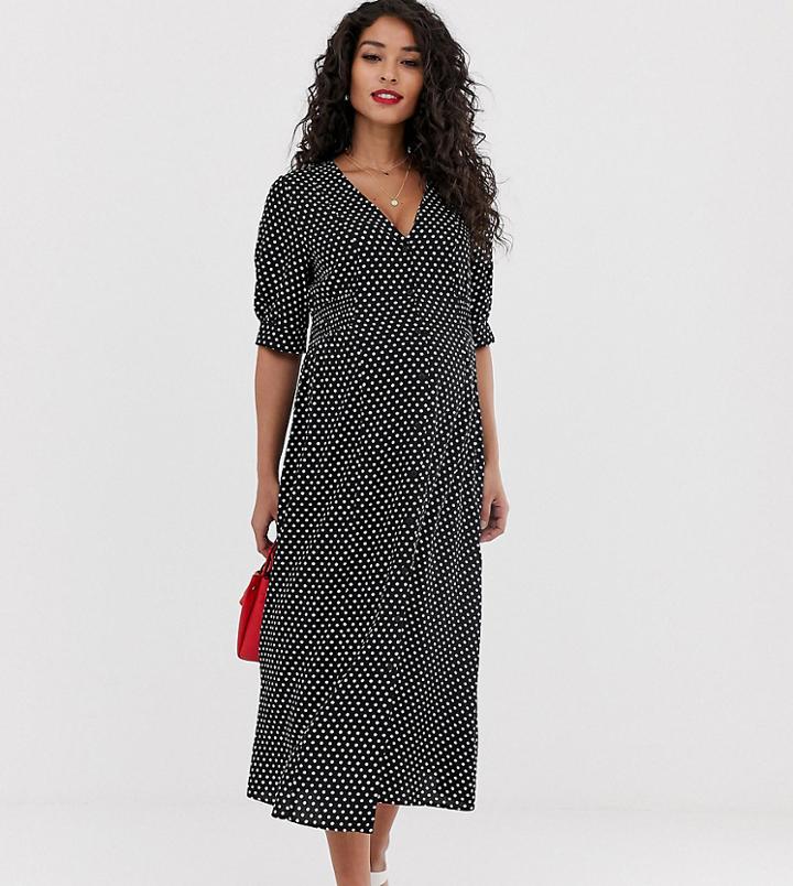 Asos Design Maternity Button Through Midi Tea Dress With Shirred Waist In Polka Dot-multi