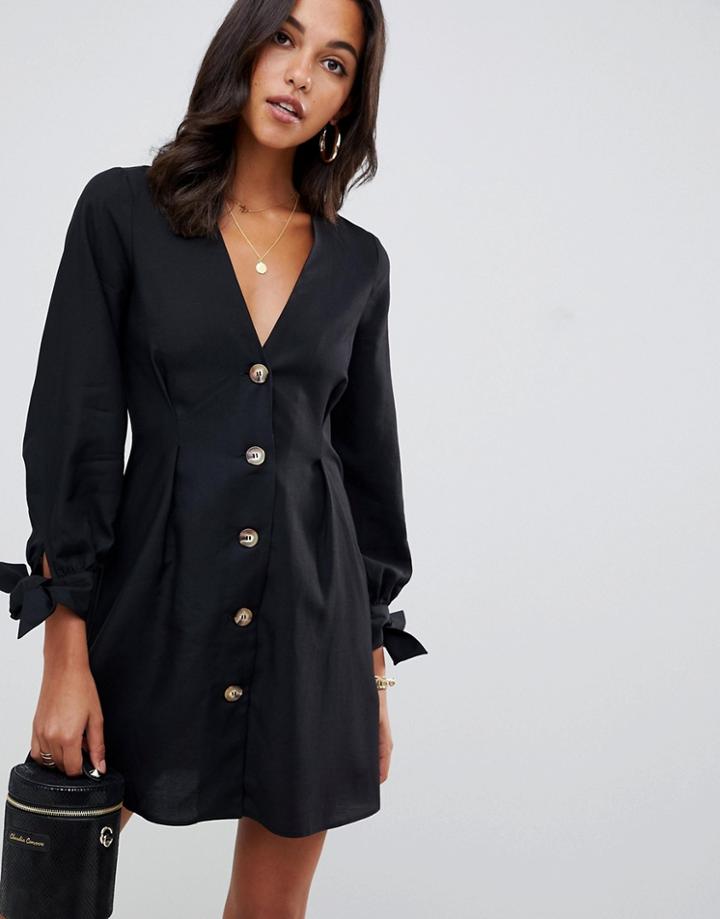 Asos Design Button Through Mini Skater Dress With Tie Sleeves - Black