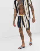 Asos Design Two-piece Swim Shorts In Navy & Mustard Stripes In Mid Length - Multi